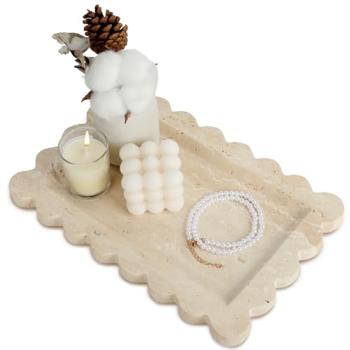100% Marble Vanity Tray for Bathroom Counter, Kitchen, Coffee 11.8" | Natural Marble Tray Stone Storage Organizer for Perfume, Dresser, Candles and Jewelry Bathroom Counters, Dressers and Coffee - color: Travertino Romano