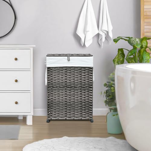 70L Slim Laundry Hamper with Lid & Wheels, Rolling Laundry Basket with 2 Removable Liner Bags & 3 Mesh Bags, Narrow Dirty Clothes Basket, Foldable Handwoven Rattan Laundry Sorter, Grey - color: Grey