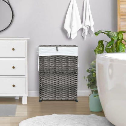 70L Slim Laundry Hamper with Lid & Wheels, Rolling Laundry Basket with 2 Removable Liner Bags & 3 Mesh Bags, Narrow Dirty Clothes Basket, Foldable Handwoven Rattan Laundry Sorter, Grey - color: Grey
