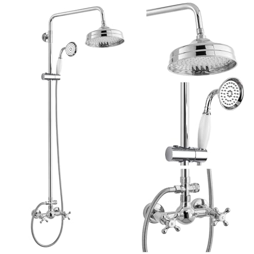 gotonovo Exposed Shower Faucet Set Luxury,Polish Chrome,Straignt Rod | Bathroom 8” Shower Head with Handheld Spray System Fixtures,Vintage Two Cross Handle,Wall Mount,for 5-6.7" Hole,Adjust Height - color: Chrome