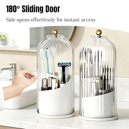 JEESA Dustproof Toothbrush Holder with Cover, Transparent/White | 360° Rotating, 180° Sliding Lid, 3 Slots, Toothbrush Organizer, for Bathroom Countertop - color: Transparent/White