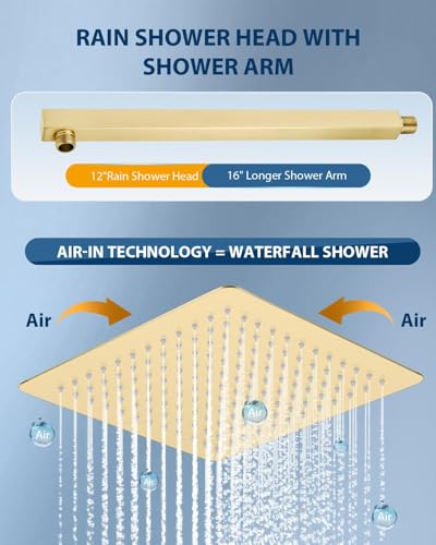 12 Inch Brushed Gold Rain Shower Head with Extension Arm, Rainfall Square Showerhead with 16 Inch Shower Arm All Stainless Steel, 144 Outlets Waterfall Full Body Coverage - color: Brushed Gold