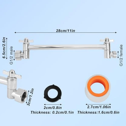 Adjustable Shower Head Extension Arm, 11in Shower Arm Extender with Locking Nut Universal G1/2 Male to Female Connection Anti-Leak Design for Fixed & Handheld Showerheads
