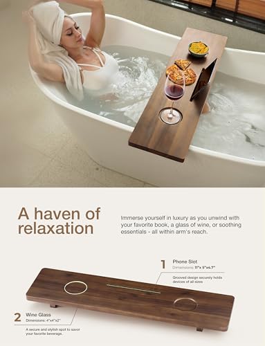 Tinamo 35”L Wooden Bathtub Tray, Bathtub Caddy Tray For Tub with Tablet Slot & Wine Holder - Acacia Bath Tray For Tub, Bath Table - Bathtub Tray Table with Adjustable Legs (Walnut color, 35"x 9"x2.5") | Acacia Wood, 35" x 9" x 2.5", Adjustable Width, Beve