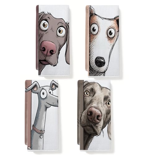 4 Pcs Funny Dog Kitchen Towels, Decorative Dish Towels 14 x 24 Inches | Cute Weimaraner Lover Gifts Whippet Waffle Weave Absorbent Tea Towel, Greyhound Hand Towel for Bathroom Kitchen Decor - color: Multi0229
