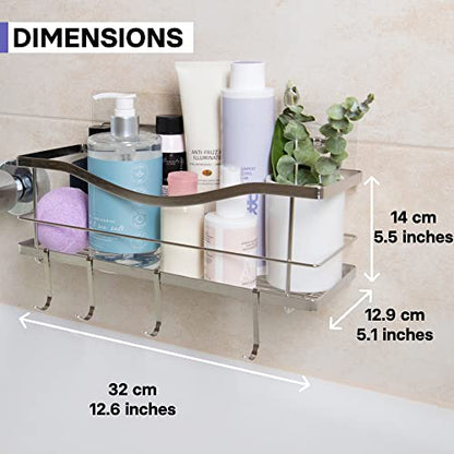 Premium Shower Caddy - Self Adhesive Shower Organizer with 4 Hooks, Rustproof Stainless Steel Shower Rack for Bathroom, Silver