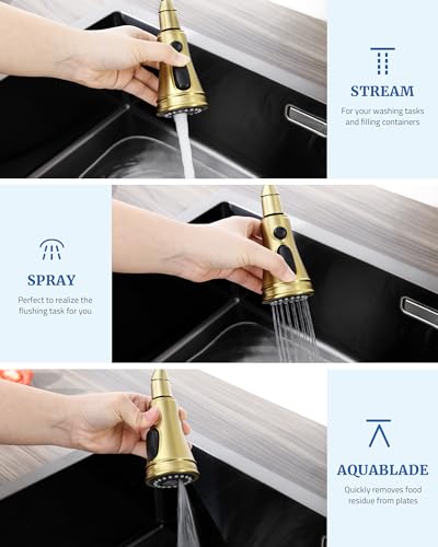Kitchen Faucet Head Replacement - Pull Down Spray Head with 15 Adapters | 3-Function Stream/Spray/Blade, Easy Install, Removable Aerator, for Delta Moen Kohler, Pull Out Sprayer Nozzle, Brushed Gold - color: Brushed Gold