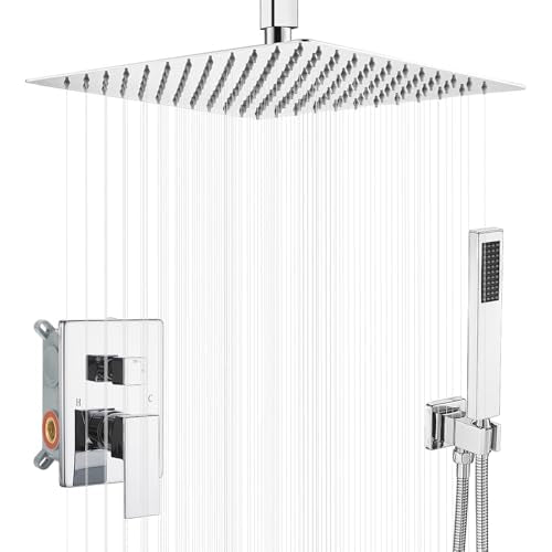 16 Inch Polished Chrome Ceiling Mount Shower System Bathroom Luxury Rain Mixer Shower Combo Set Ceiling Rainfall Shower Head System Faucet Contain Rough-in Valve and Trim Included - color: Polished Chrome, size: 16 Inch