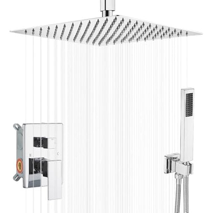 16 Inch Polished Chrome Ceiling Mount Shower System Bathroom Luxury Rain Mixer Shower Combo Set Ceiling Rainfall Shower Head System Faucet Contain Rough-in Valve and Trim Included - color: Polished Chrome, size: 16 Inch