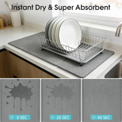Stone Drying Mat for Kitchen Counter, Quick-Drying Dish Drying Mat | Foldable, Highly Absorbent, Suitable for Use In Kitchens and Bathrooms Stone Bath Mat, Size 23.6"×15.4" (Dark Gray)