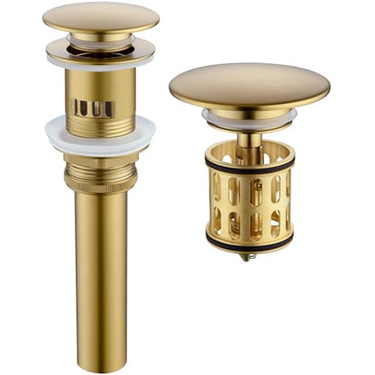 JONKEAN Brushed Gold Pop Up Drain Without Overflow for Bathroom Sink | Built-in Anti-Clogging Strainer, Brass and 304 Stainless Steel for 1.6"-1.9" Sink Hole, Sink Stopper Hair Catcher - size: With Overflow