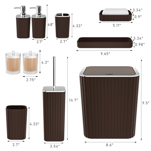 XLHOMO Bathroom Accessories Set - Gorgeous Bathroom Set, 10PC Brown Bathroom Accessories, Bathroom Accessory Set, Toilet Brush, Trash Can, Qtip Holder Dispenser & Soap Dispenser - size: Bath Set, style: Brown&Silver