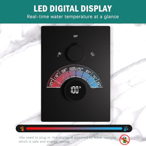 Digital Display Shower Faucet Set Matte Black Dual Heads LED Shower System | 14X20" LED Ceiling Shower with Light Remote & 6" Wall Mounted Shower Head & Dual Function Handheld Shower - color: Matte Black