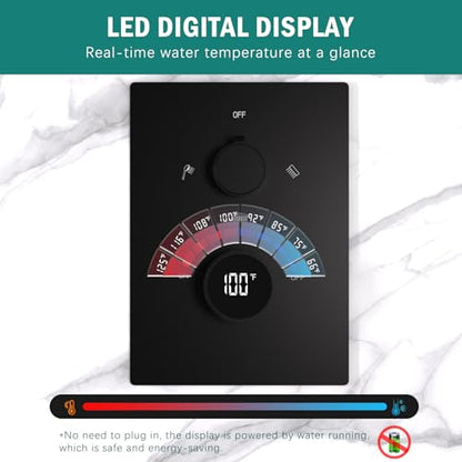 Digital Display Shower Faucet Set Matte Black Dual Heads LED Shower System | 14X20" LED Ceiling Shower with Light Remote & 6" Wall Mounted Shower Head & Dual Function Handheld Shower - color: Matte Black