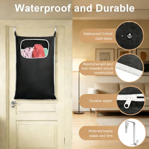 Hanging Laundry Hamper, Over the Door Laundry Storage Basket | Over the Door laundry Wamper With Wide Opening and Full-length Zipper, Easy to load &Take, Space Saving for Small Room & RV