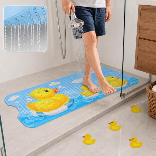 Cinrobiye Bath Mat for Tub Non Slip, 40 x 16 Inch Duck Cartoon Bathtub Shower Mat with Suction Cups and Drain Holes, Waterproof Machine Washable Bathroom Mat - color: Yellow