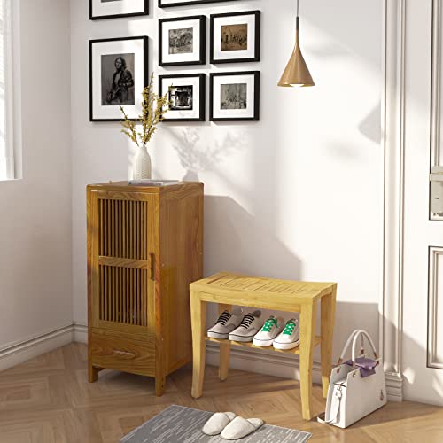 SogesHome Bamboo Shower Bench, Shower Caddies Foot Rest with Storage Shelf for Shampoo Towel, Ideal for Bathroom/Living Room/Bedroom - color: Natrual
