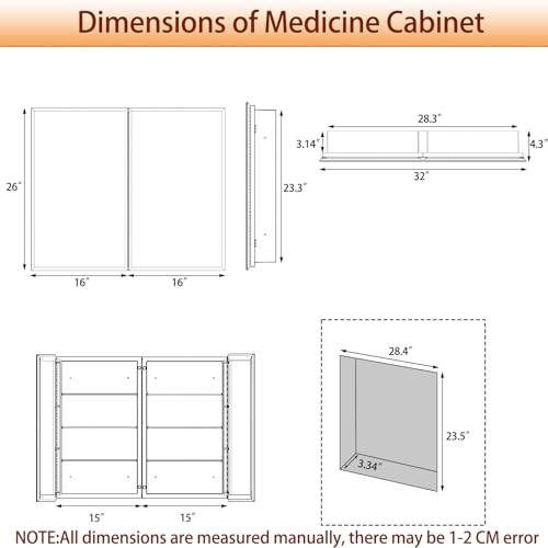 Medicine Cabinet with Mirror, 32x26 Inch Bathroom Mirrored Cabinet with Double Doors, Extra Storage Space, Bevel Mirror Wall Cabinet, Recessed or Surface Mount - style: CS5004A-3226