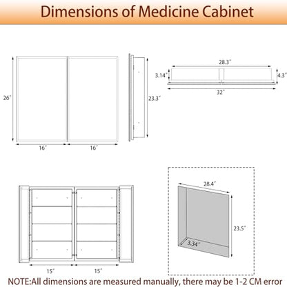 Medicine Cabinet with Mirror, 32x26 Inch Bathroom Mirrored Cabinet with Double Doors, Extra Storage Space, Bevel Mirror Wall Cabinet, Recessed or Surface Mount - style: CS5004A-3226