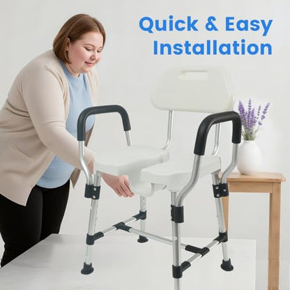 U-Shaped Shower Chair for Inside Shower, 400lbs Max Heavy Duty Triple-Bar Base Reinforcement, with Arm and Back for Elderly and Disabled, Adjustable Height, Effortless Personal Hygiene Access