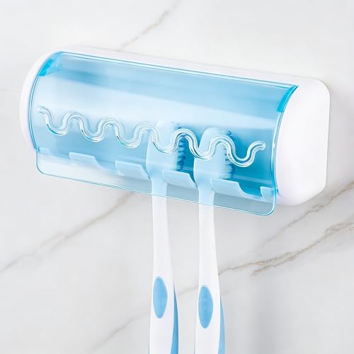 1 PCS Self Adhesive Toothbrush Holder with Cover for Bathroom, 5-Slot Wall Mounted Toothbrush Organizer Rack for Shower, Dorm, Cabinet - color: Blue, size: 1 Pack