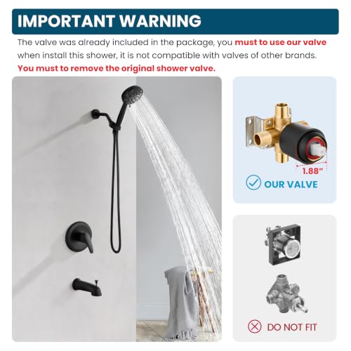 gotonovo Tub Shower Faucet Set with Valve 6 Mode Handheld Matte Black | Bathtub Faucet Set,6 Mode ABS Handheld Spray,6.3’’ Metal Tub Spout,Brass Valve Trim Kit,Shower Head and Handle Kit,Wall Mount - color: Matte Black