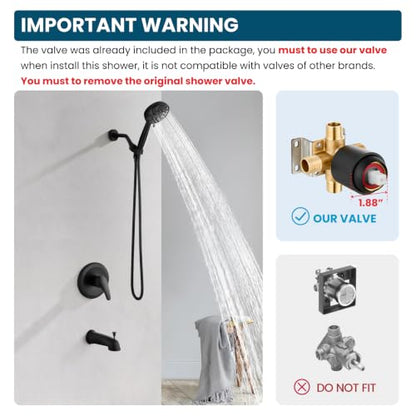 gotonovo Tub Shower Faucet Set with Valve 6 Mode Handheld Matte Black | Bathtub Faucet Set,6 Mode ABS Handheld Spray,6.3’’ Metal Tub Spout,Brass Valve Trim Kit,Shower Head and Handle Kit,Wall Mount - color: Matte Black
