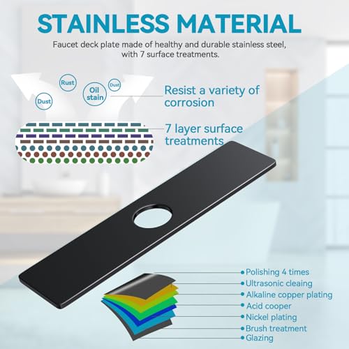 MAAYAYA 10" Rectangle Kitchen Sink Deck Plate, Faucet Hole Cover, 1or3 Hole | MAAYAYA Matte Black Rectangular Deck Plate Escutcheon, 304 SS, Foam Gasket; Installs with Faucet Hardware, no Extra Nuts - color: Black-Rect