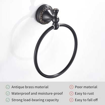 Oil Rubble Bronze Brass Bath Towel Ring, Wall Mounted Black Bathroom Hardware Accessories, Pattern Carving Design - color: Towel Ring