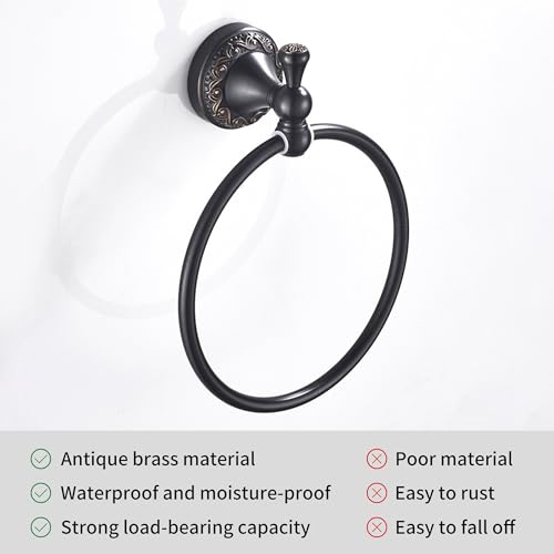 Oil Rubble Bronze Brass Bath Towel Ring, Wall Mounted Black Bathroom Hardware Accessories, Pattern Carving Design - color: Towel Ring