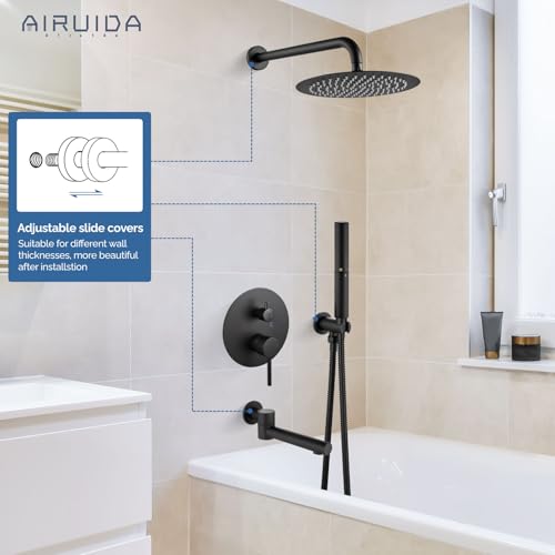 Airuida 3-Function Shower System with Tub Spout – Round Rainfall Shower Faucet Combo,Handheld Spray with 2 Functions,Includes Rough-In Valve with 360° Rotating Drain,12 Inch Shower Head,Matte Black - color: Matte Black, size: 12 Inch