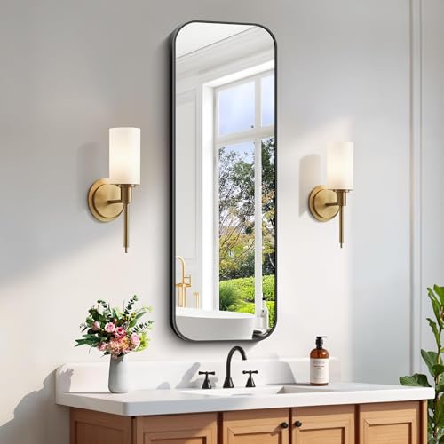 FORBATH Bathroom Mirror 48" x 16", Rectangle Black Bathroom Mirror with Black Aluminum Frame Rounded Corner, Wall Mounted Mirror for Bedroom Entryway Living Room - color: Black, size: 48"L x 16"W