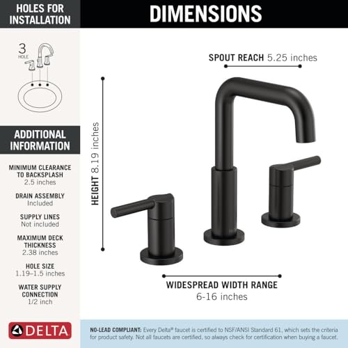 Delta Nicoli Matte Black Bathroom Faucet 3 Hole, 8 Inch Widespread Bathroom Sink Faucet for Vanity, Push-Pop Drain Assembly, Matte Black 35849LF-BL - color: Matte Black