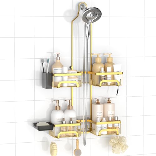 REINHARDT Split Shower Caddy Hanging for Handheld Showerheads, Gold | Adjustable Shower Organizer, Rustproof, 16 Hooks, Soap Holder, 40lbs Capacity, Anti-Slip, Tool-Free, Bathroom Accessories - color: Gold