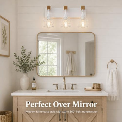 Farmhouse Vanity Light Fixture,3-Light Bathroom Lighting,White Modern Wood Wall Light Over Mirror with Metal Shade,Bulbs NOT Included - color: White, size: 3-Light-Wide 18"
