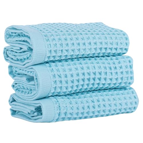 PÜSKÜL Natural 100% Turkish Cotton Waffle Kitchen and Hand Towels, 3-Piece | Turquoise, 32x16" Large, Premium 3D Honeycomb Weave Soft Absorbent Quick-Dry Lint-Free Dish Towel, Oeko-Tex Made in Turkey - color: Turquoise, size: Kitchen & Hand Towels Pack of