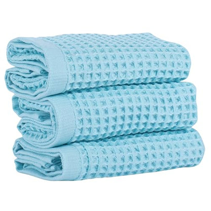 PÜSKÜL Natural 100% Turkish Cotton Waffle Kitchen and Hand Towels, 3-Piece | Turquoise, 32x16" Large, Premium 3D Honeycomb Weave Soft Absorbent Quick-Dry Lint-Free Dish Towel, Oeko-Tex Made in Turkey - color: Turquoise, size: Kitchen & Hand Towels Pack of