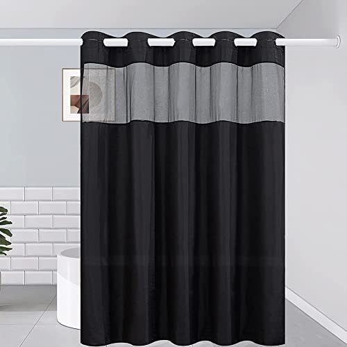 Furlinic Black No Hook Small Stall Shower Curtain 48x78 Inch,Washable Fabric Shower Curtain Liner with See Through Window,Half Narrow Hotel Style Waterproof Shower Curtains for Bathrrom - color: Black, size: 48"W x 78"L (Pack of 1)