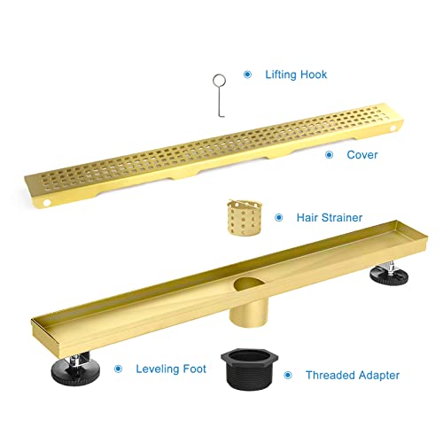 24 inch Linear Shower Drain Brushed Gold with Grate Removable | Square Hole Panel,AISI 304 Stainless Steel Fast Drainage Rectangle Hidden Shower Trench,Detachable Hair Catcher,Leveling Feet - color: Gold, size: 24 inch+No Base