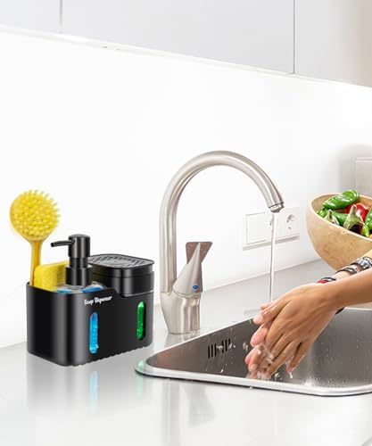 Hand Soap and Dish Soap Dispenser Set for Kitchen, Dual Soap Dispenser with Sponge Holder and Dishcloth Holder 4-in-1 Organizer for Kitchen Sink Countertop, Useful Kitchen Gadgets (Black) - color: Black