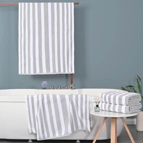 Waffle Bath Towels, 4PC 28" x 52" - 100% Cotton | Quick Dry | Light Weight | Soft | Breathable, Striped Bath Towels for Bathroom, Shower Towel Gift Set, Gray Stripes and White Checker/Waffle - color: Grey and White, size: 4 PC Bath Towel Set