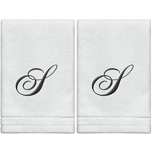 Monogrammed Towels Fingertip, Personalized Gift, 11 x 18 Inches - Set of 2- Black Embroidered Towel - Extra Absorbent 100% Cotton- Soft Velour Finish - For Bathroom/ Kitchen/ Spa- Initial S (White) - color: S