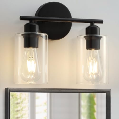 2-Light Bathroom Light Fixtures, Matte Black Bathroom Vanity Lights, Bathroom Lighting Fixtures Over Mirror with Clear Glass Shade, Wall Sconce Light for Bedroom, Living Room and Hallway - color: Matte Black, size: 2 Light - 1 pack