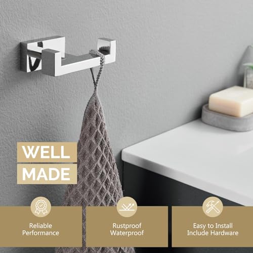 Angle Simple Bathroom Towel Double Hook, Robe Coat Holder, Polished Chrome | SUS304 Stainless Steel Dual Hook for Wall, Shower Towel Hanger Screw Wall Mount - color: Polished Chrome, size: 1 Pack
