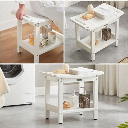 KaimuBench HDPS Curved Shower Bench Waterproof Bath Stool with Storage | Poly Shower Stool for Shaving Legs, Handles & Shower Head Holder, Adjustable Feet for Inside Shower, Non-Slip, Anti-Rotting - color: White