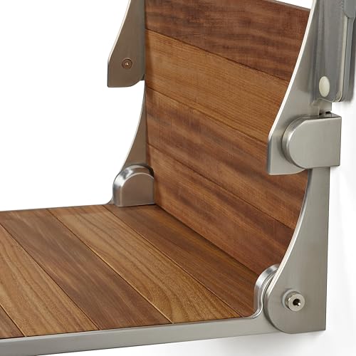 Silhouette Comfort Plus Folding Shower Seat with Armrests & Legs – Heavy-Duty Wall-Mounted Shower Bench, Teak Wood Seat with Silver Frame - color: Gray Frame, size: 18.73" x 15.25", style: Teak Wood