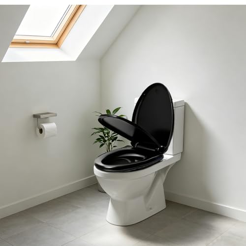 Black Toilet Seat Elongated, 18.5 x 14.2 Inch, Slow Close, Bottom-Mount Design, Fits 2-Piece Toilets, Durable & Easy to Install, PP Material Safe and Durable - color: Black, size: Elongated 18.5inch