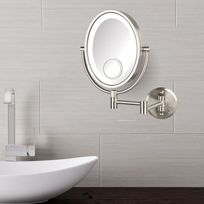 JERDON Lighted Wall-Mount Makeup Mirror - 10X/15X - Nickel - HL9515NL | Two-Sided 8" x 10" Oval Frame, 14" Wall Arm, LED, Plug-In Power - color: Nickel Plug in