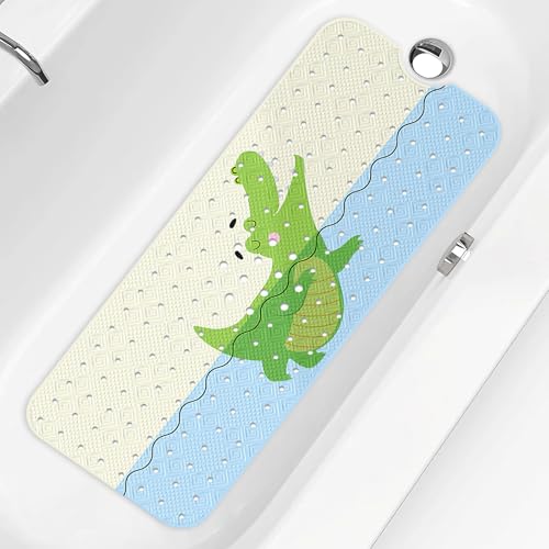 PRATIQUE Kids Bath Mat for Tub Non Slip，40 X 16 Inch Extra Long Kids Bathtub Mat Crocodile Bathtub Shower Mat Safety Anti Slip with Suction Cups and Drain Holes, Machine Washable - color: Crocodile