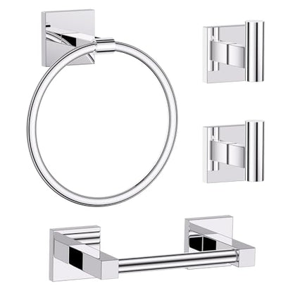 Towel Ring Set 4 Piece Bathroom Hardware Set Includes Towel Ring 2 Towel Hooks and Toilet Paper Holder Stainless Steel Wall Mounted (Polished Chrome) - color: Polished Chrome, size: Set D